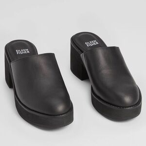 Eileen Fisher Black Leather Mules Slip-On Chunky Platform Shoes 6.5